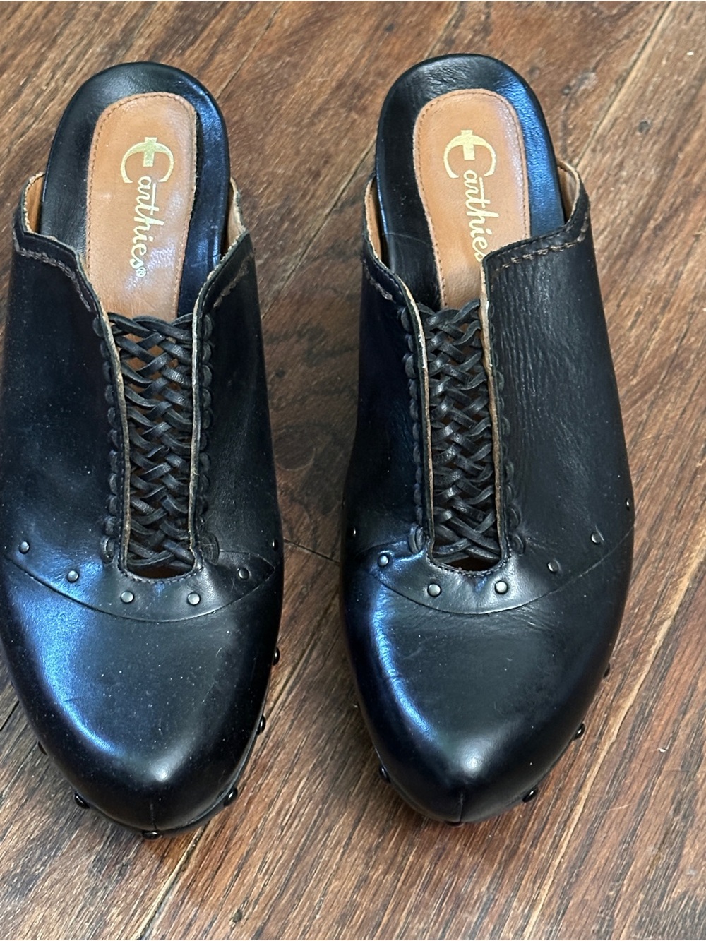 Earthies Black Leather Woven Slip-On Mules
